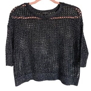 Express Boho Black Metallic Loose Knit Oversized 3/4 Sleeve Sweater Extra Small